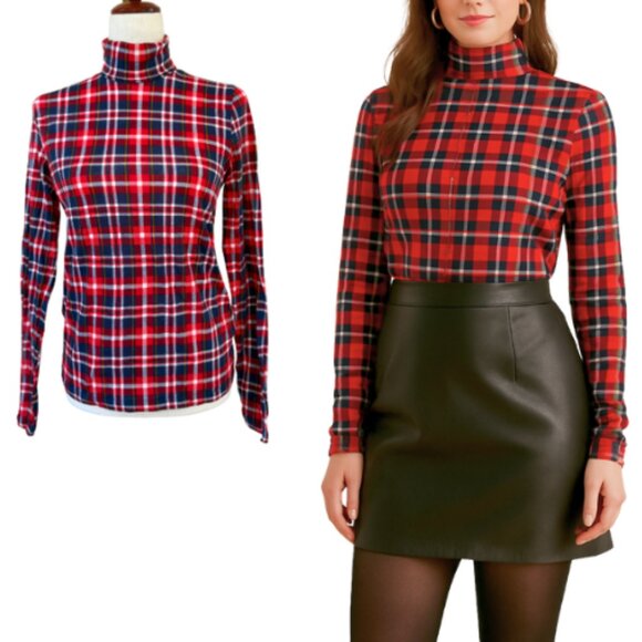 J. CREW Tissue Turtleneck in Red Blue Tartan Plaid Size M - Picture 1 of 9